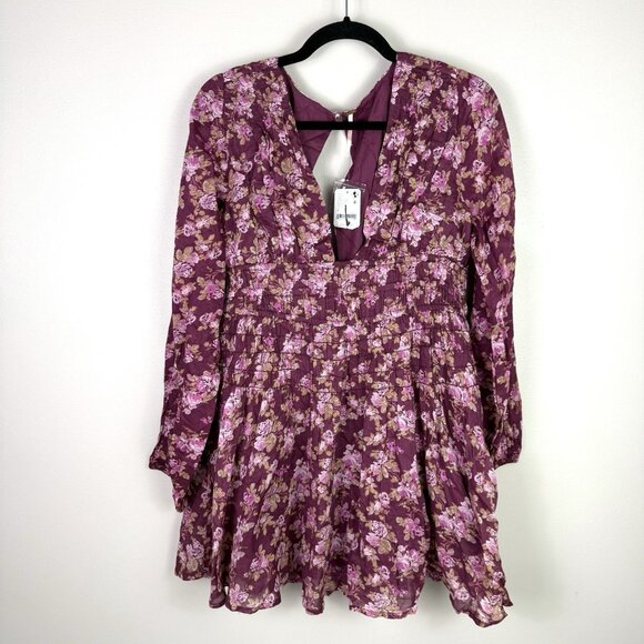 Free People Mini Dress Floral Long Sleeve Purple Boho Smocked Size Small NWT - Picture 2 of 10
